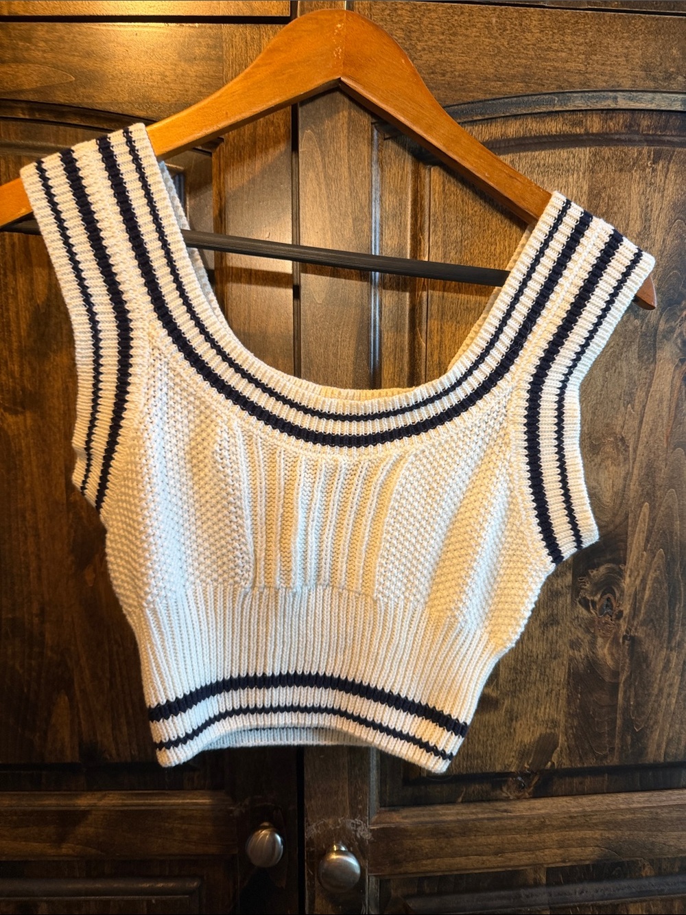 Cider Cream Knit Crop Tank with Navy Stripe Trim
